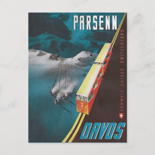 Vintage Ski Poster,  Davos Postcard (Front)