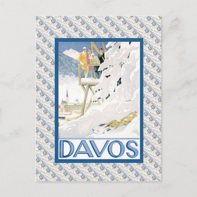 Vintage Ski Poster, Davos, Switzerland Postcard (Front)
