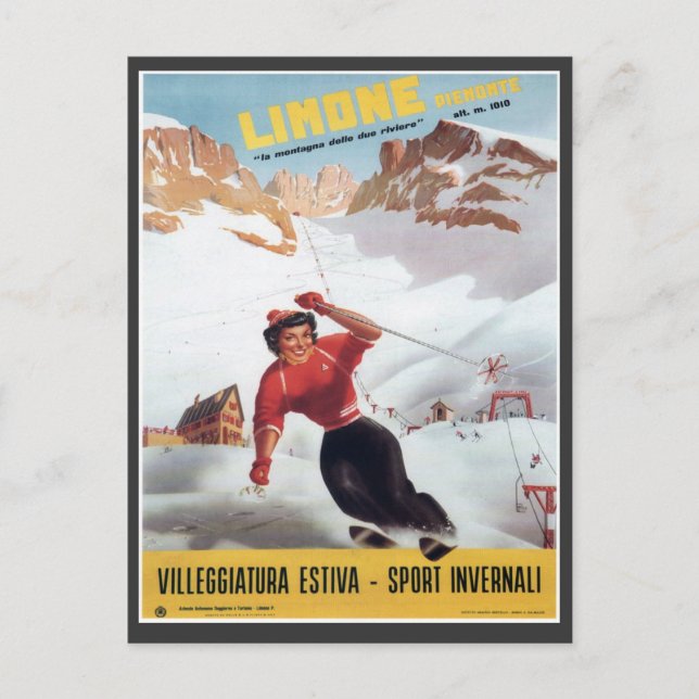 Vintage Ski Poster,  Italy, Limone Postcard (Front)