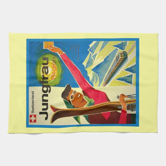 Vintage ski poster, Jungfrau region, Switzerland Tea Towel (Horizontal)