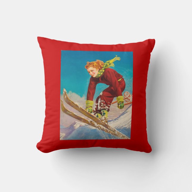 Vintage Ski Poster, Lady downhill skier Cushion (Front)