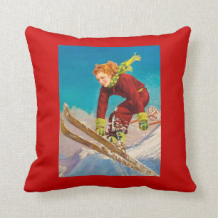 Vintage Ski Poster, Lady downhill skier Cushion