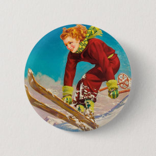 Vintage ski poster, lady ski jumper 6 cm round badge