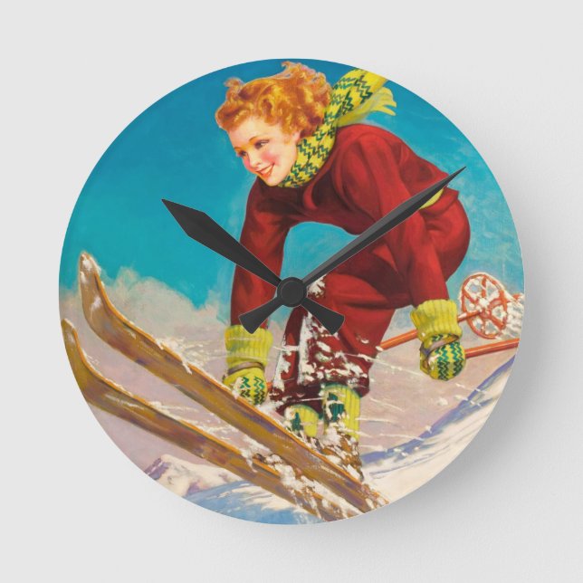 Vintage ski poster, lady ski jumper round clock (Front)