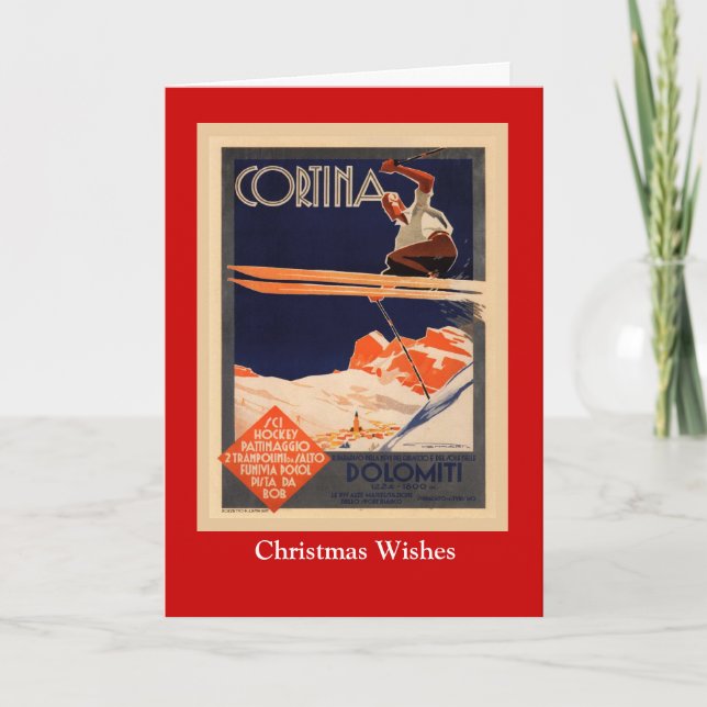 Vintage Ski Poster, Ski Cortina, Italy Holiday Card (Front)