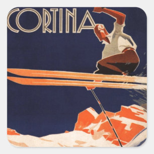 Vintage Ski Poster, Ski Cortina, Italy Square Sticker