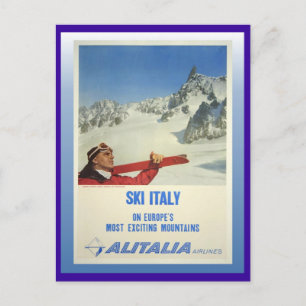 Vintage Ski Poster, Ski Italy, Alitalia Postcard