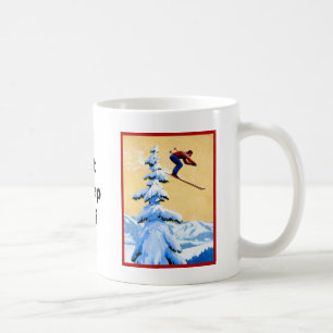 Vintage Ski Poster, Ski jumper and pine trees Coffee Mug