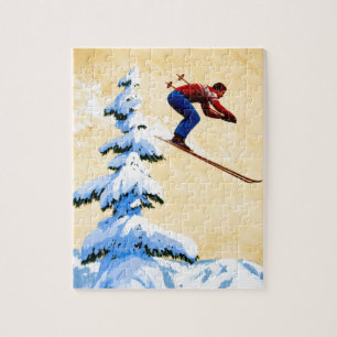 Vintage Ski Poster, Ski jumper and pine trees Jigsaw Puzzle