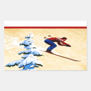Vintage Ski Poster, Ski jumper and pine trees Rectangular Sticker