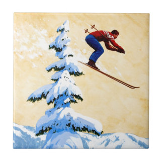 Vintage Ski Poster, Ski jumper and pine trees Tile
