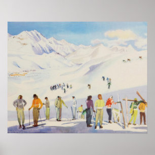 Vintage ski poster,   Skiers on the mountain Poster