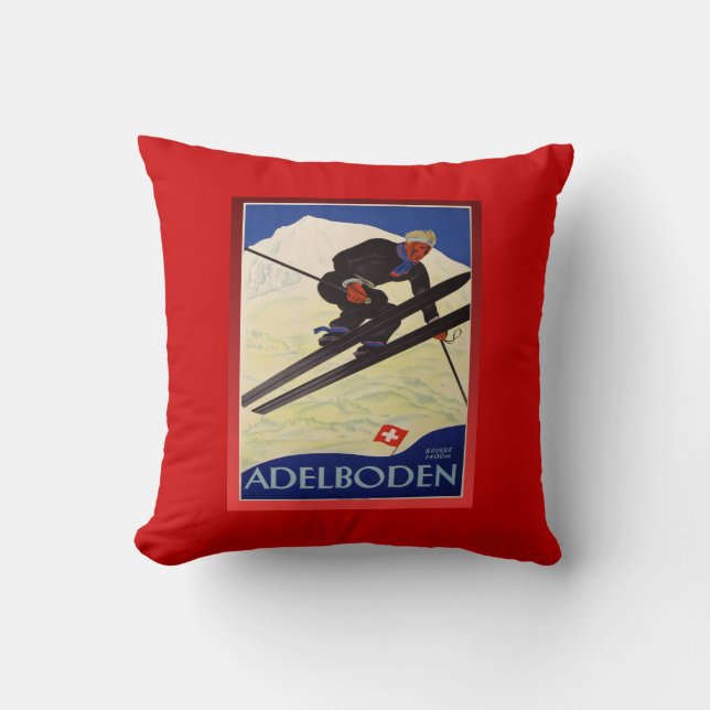 Vintage Ski Poster, Switzerland, Adelboden Cushion (Front)