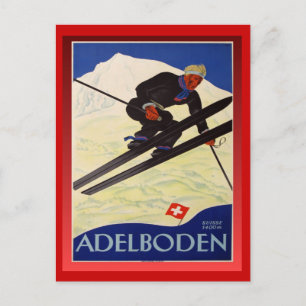 Vintage Ski Poster, Switzerland, Adelboden Postcard