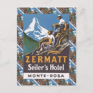 Vintage Ski Poster,  Switzerland, Zermatt, Postcard