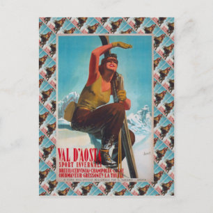 Vintage Ski Poster,  Val d'Aosta, Italy Postcard