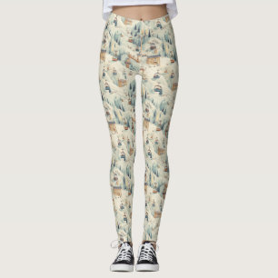 Vintage Ski Slope Cabins in Soft Pastels Leggings