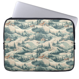 Vintage Ski Slope Cabins in Woods Blue Laptop Sleeve