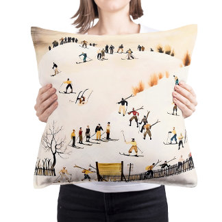 Vintage Skiers Art, Winter Landscape Painting Cushion