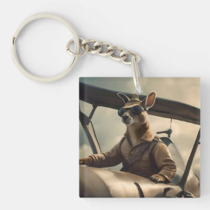 "Vintage Skies: The Kangaroo Pilot in Old Plane Key Ring
