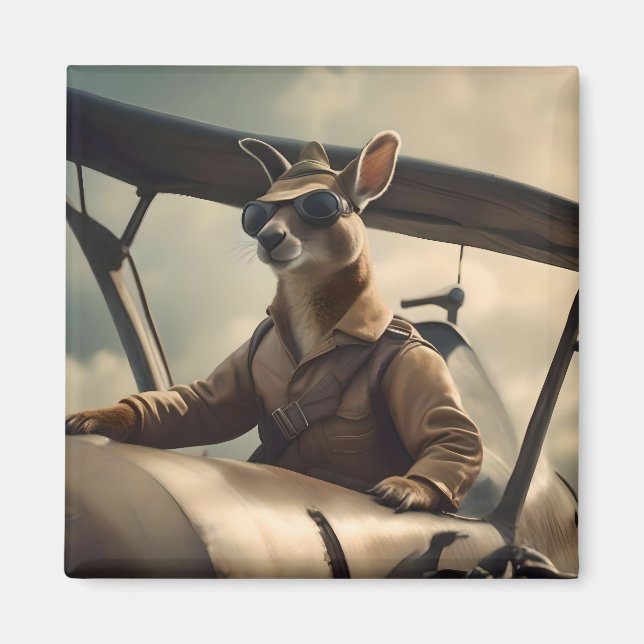 "Vintage Skies: The Kangaroo Pilot in Old Plane Magnet (Front)