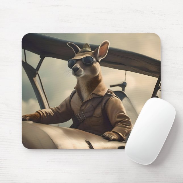"Vintage Skies: The Kangaroo Pilot in Old Plane Mouse Mat (With Mouse)