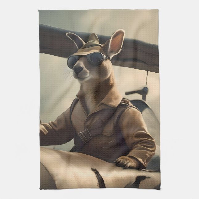 "Vintage Skies: The Kangaroo Pilot in Old Plane Tea Towel (Vertical)