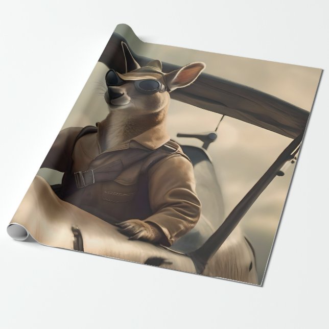 "Vintage Skies: The Kangaroo Pilot in Old Plane Wrapping Paper (Unrolled)