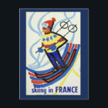 Vintage Skiing in France Travel Postcard<br><div class="desc">A beautiful vintage travel poster of a French skier travelling in the mountains of France would be perfect to send to family and friends. Great for yourself or as a gift.</div>