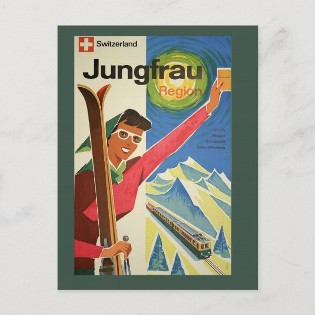 Vintage Skiing in Switzerland Travel Postcard (Front)