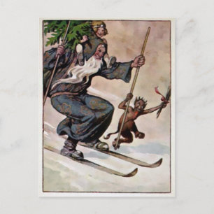 Vintage Skiing Santa and Krampus Postcard