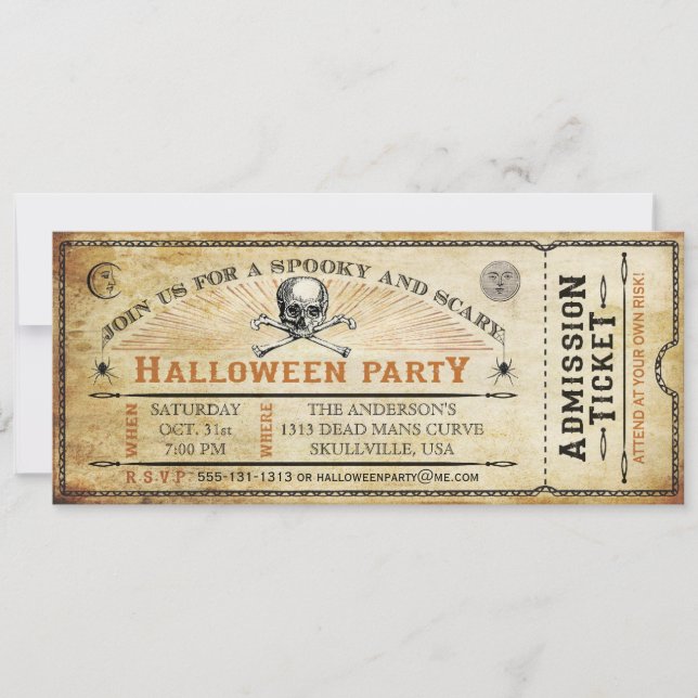 Vintage Skull and Bones Halloween Party Ticket Invitation (Front)