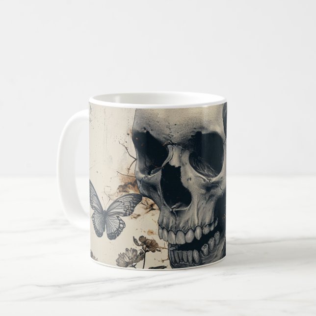 Vintage Skull and Butterfly dark Art Coffee Mug (Front Left)