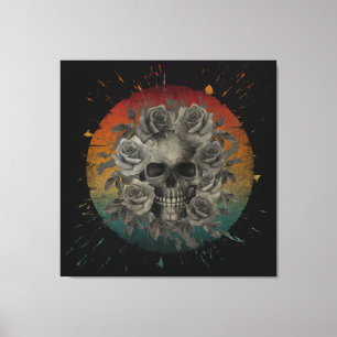 VINTAGE SKULL AND FLOWERS BLACK AND WHITE CANVAS PRINT