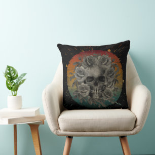 VINTAGE SKULL AND FLOWERS BLACK AND WHITE CUSHION
