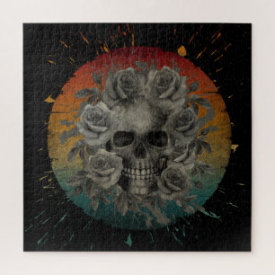 VINTAGE SKULL AND FLOWERS BLACK AND WHITE JIGSAW PUZZLE