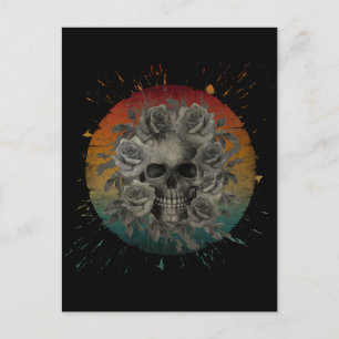 VINTAGE SKULL AND FLOWERS BLACK AND WHITE POSTCARD
