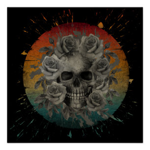 VINTAGE SKULL AND FLOWERS BLACK AND WHITE POSTER