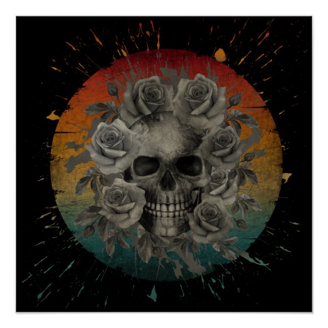 VINTAGE SKULL AND FLOWERS BLACK AND WHITE POSTER (Front)