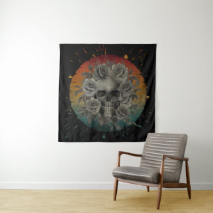 VINTAGE SKULL AND FLOWERS BLACK AND WHITE TAPESTRY