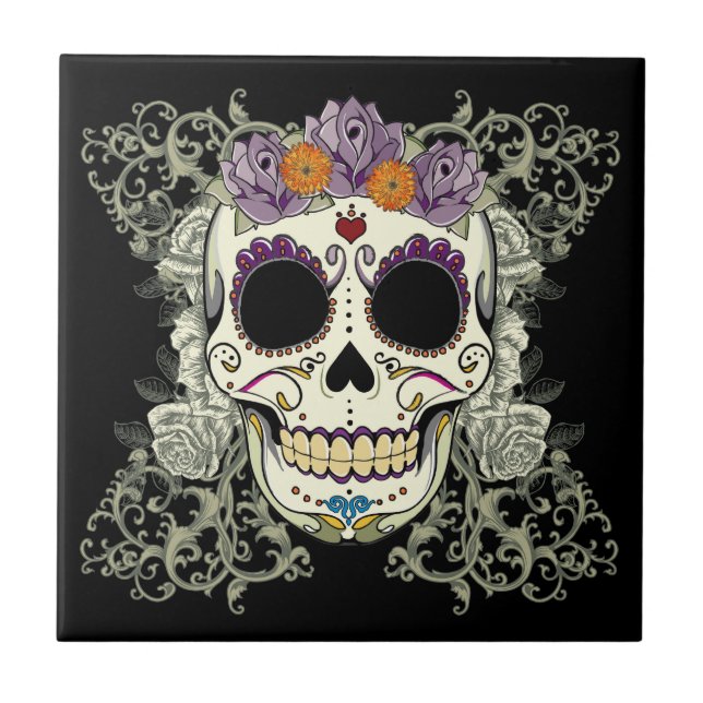 Vintage Skull and Flowers Tile (Front)