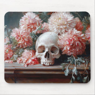Vintage Skull and Light Pink Flowers Mouse Mat
