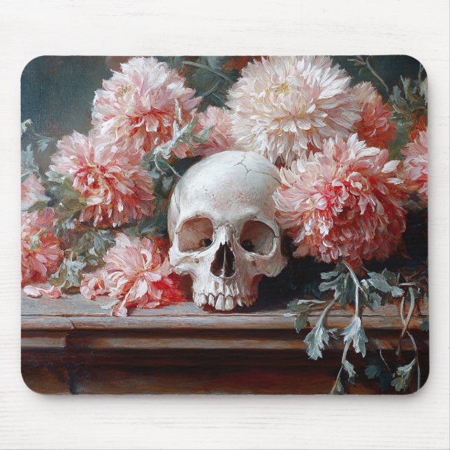 Vintage Skull and Light Pink Flowers Mouse Mat (Front)