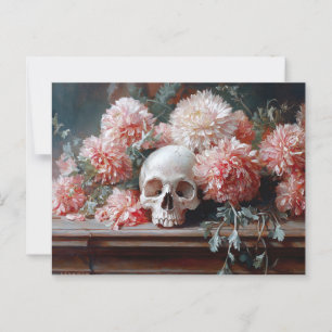 Vintage Skull and Light Pink Flowers Postcard