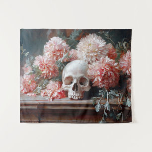 Vintage Skull and Light Pink Flowers Tapestry