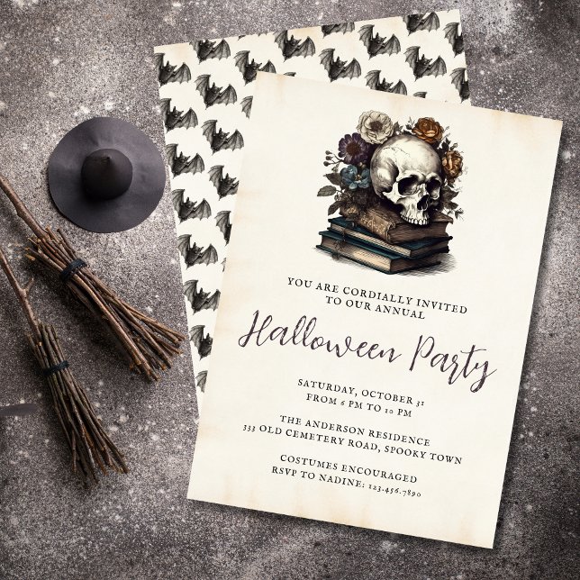 Vintage Skull Books Dark Academia Halloween Party Invitation (Creator Uploaded)