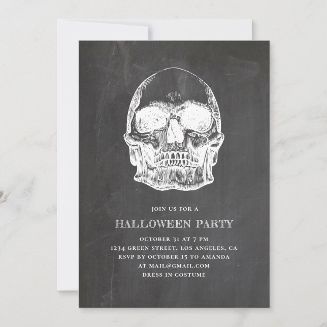 Vintage skull. Chalkboard Halloween party. Bones Invitation (Front)