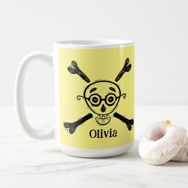  Vintage Skull & Crossbones with eyeglasses Yellow Coffee Mug (With Donut)