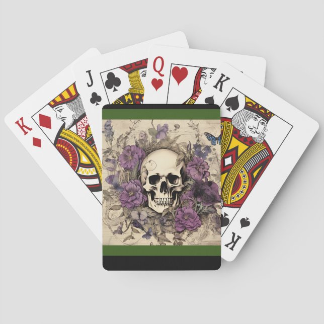 Vintage Skull Flowers Purple  Playing Cards (Back)
