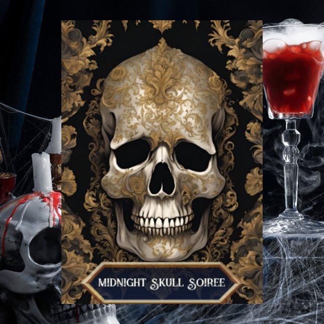 Vintage Skull Gothic Halloween Adult Party Invitation (Midnight Skull Soirée Gothic Halloween Invitation front)